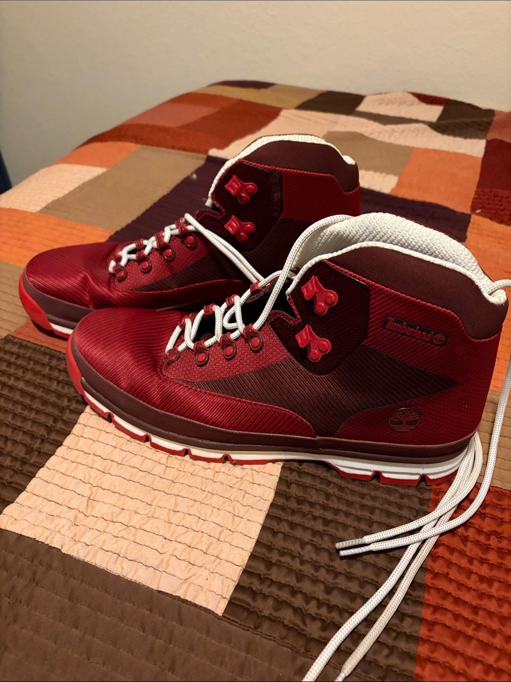 Timberland Men’s Red and White Mid-Top Hiking Boots